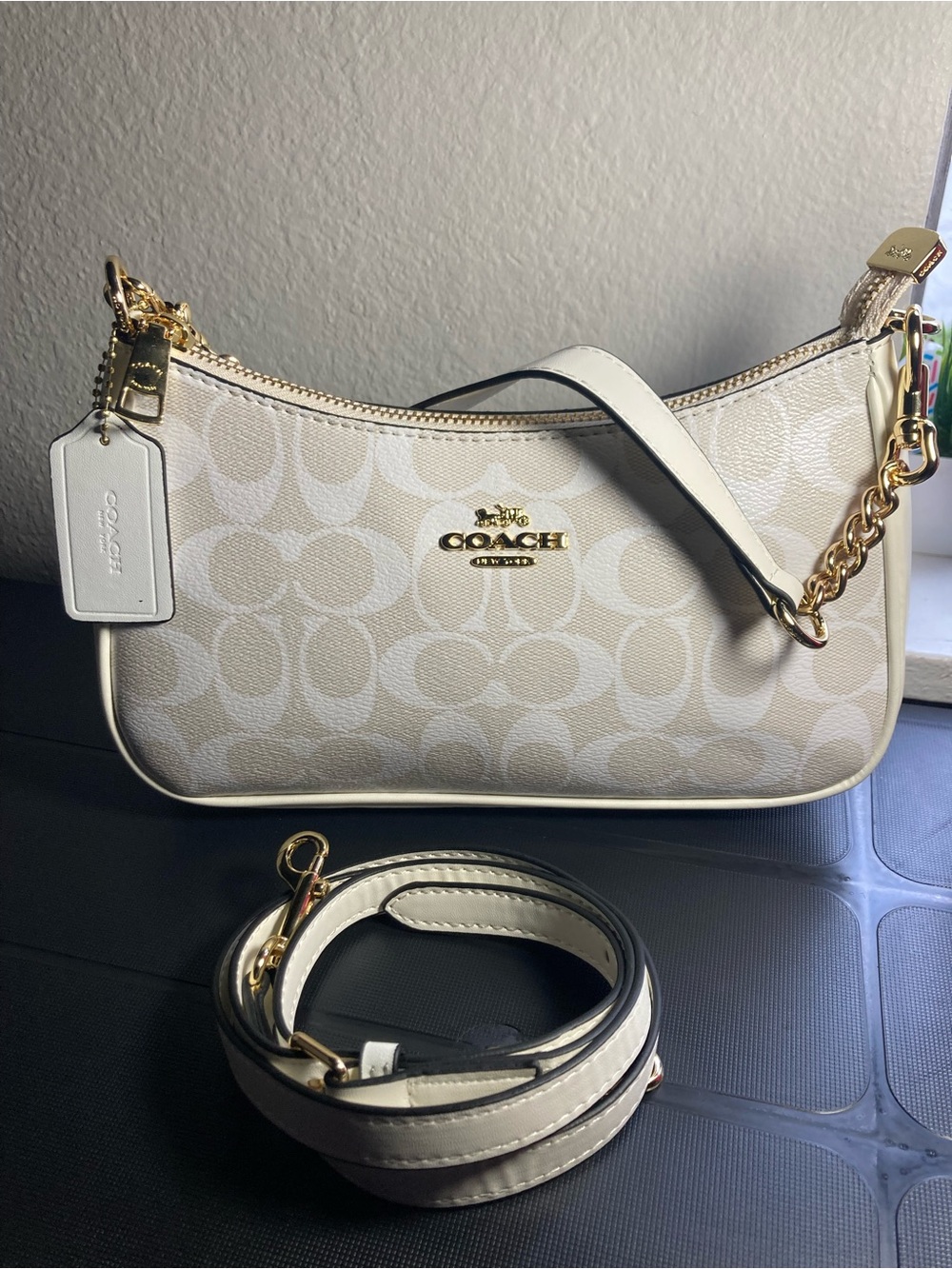 Coach Chalk/White Signature Mini Shoulder Bag with Gold Hardware